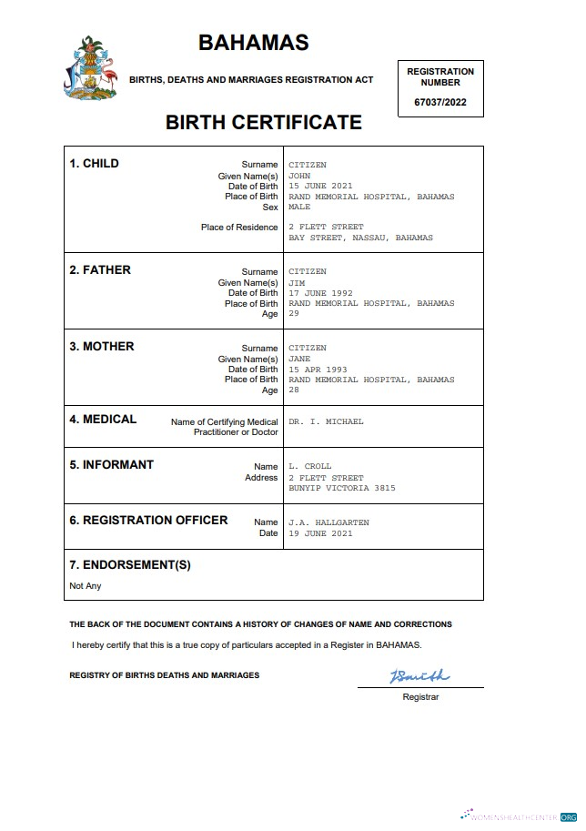 Download Bahamas vital record birth certificate Word and PDF template Photoshop template